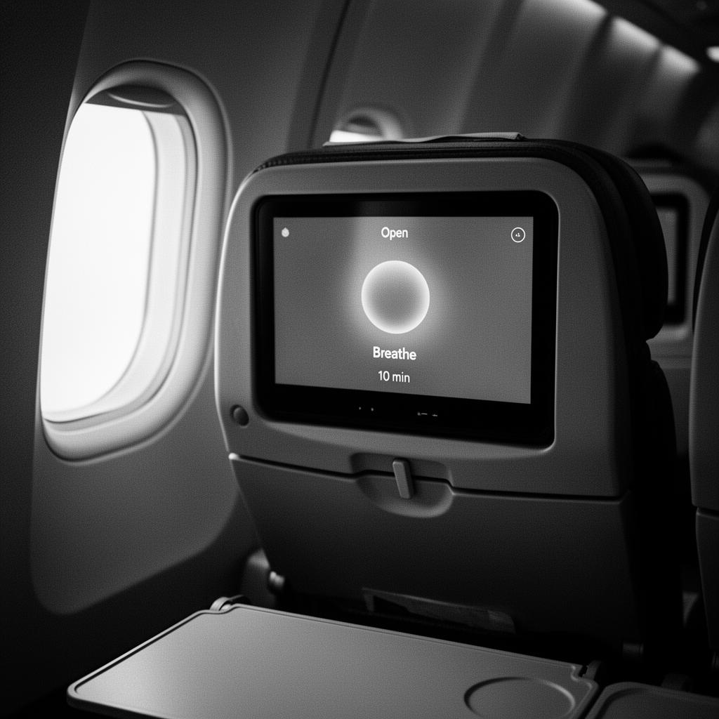 The Open meditation app shown on a JetBlue seatback screen mid-flight